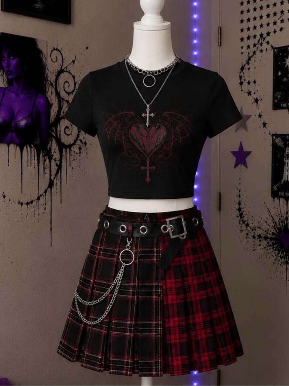 Black & Red Plaid Pleated Mini Skirt with Chain Detail